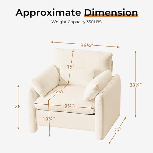 Miniatura 2 de Furniliving Silla decorativa de gran tamaño, sillón tapizado de felpilla con cojín esponjoso, moderno de mediados de siglo, sillas de lectura,