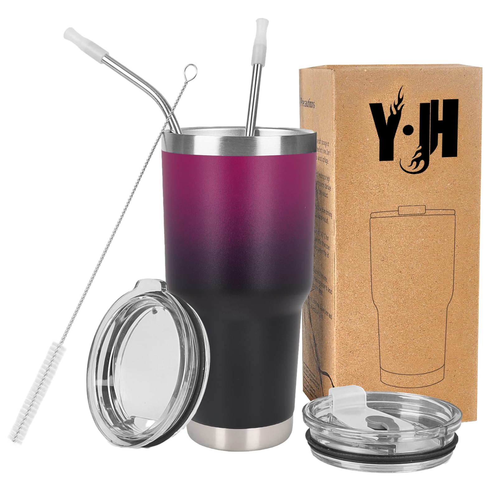 Y·J&H 30oz (850ml) Travel Tumbler Double Wall Vacuum Insulated Coffee Mug Stainless Steel Coffee Cup with 2 Splash Proof Lid