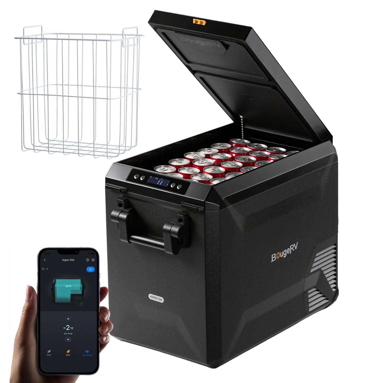 BougeRV Frigo a Compressore 47L, -20°C, Cestello Integrato | Frigorifero Auto 12V/230V, Refrigeratore Portatile, Congelatore da Campeggio, IPX4, Controllo App, Viaggi, Barca e Pesca