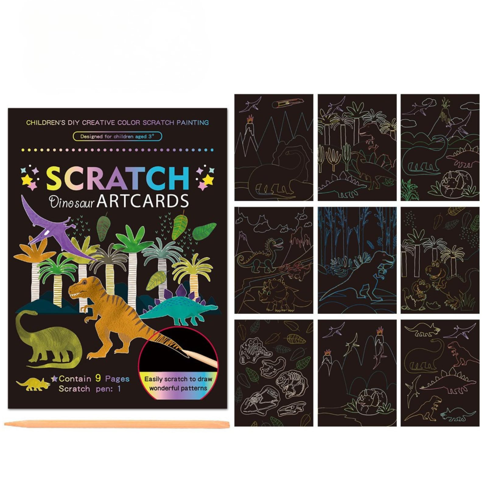9Pcs Magic Scratch Paper Art Set including Wooden Stylus