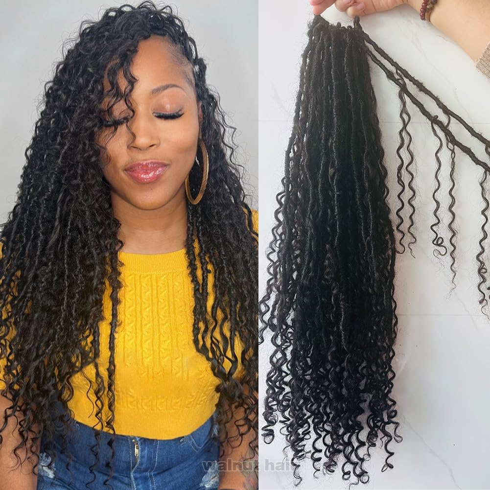 Pre-looped Crochet Boho Faux Locs with Human Hair Curls Goddess Crochet Hair With Curly Ends Human Hair Soft Dreadlocks Hair for Black Women Natural Color 18inch 1 Pack 24 Locs