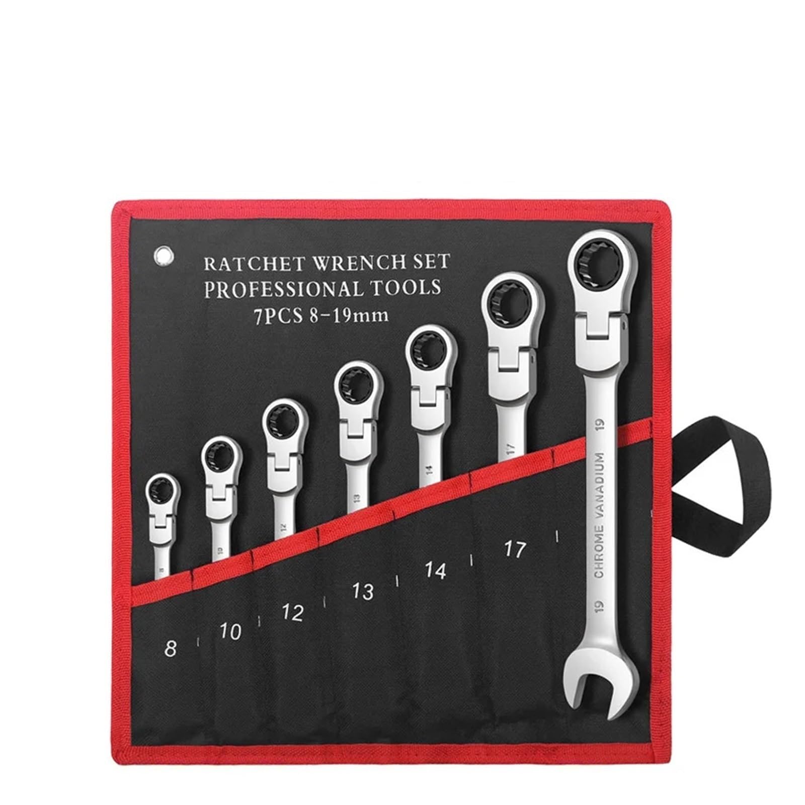 Bcxzppqdl 7Pcs(8-19Mm) Ratcheting Combination Wrench Set Metric Flexible Head Spanner Set Chrome Vanadium Steel Cr-V Flex-Head Ratchet Wrench Set(7Pcs(8-19Mm))