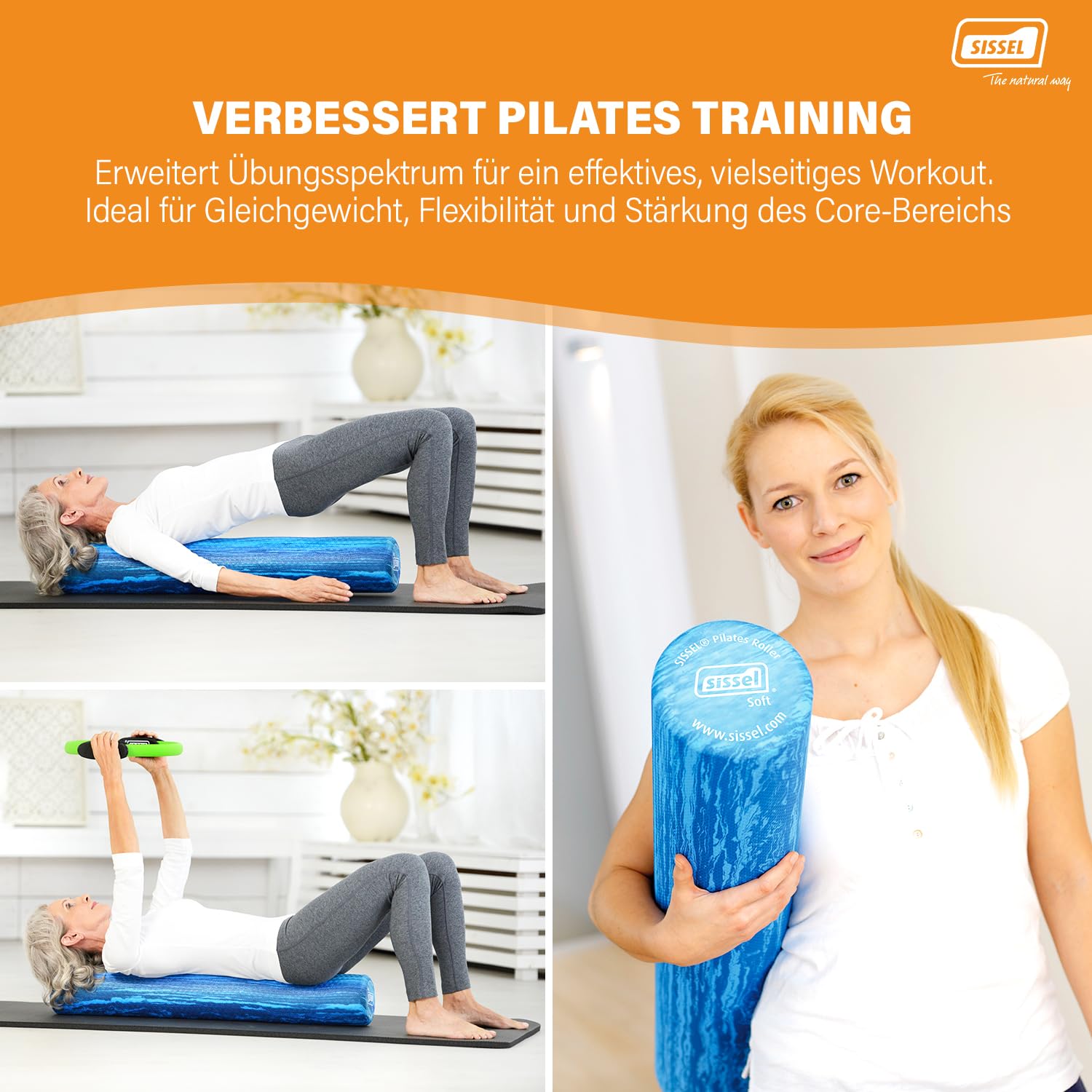 SISSEL Pilates Roller Pro Soft, Balance Core Stabilitätstraining, Ø 15cm, 90cm lang, Blau (Blue)