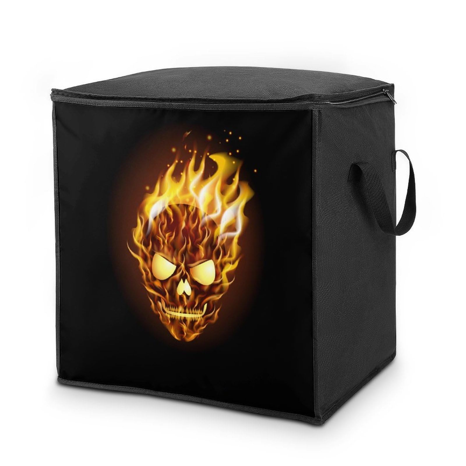 Lyfthologen 70L Storage Bags, Skull with Flame Storage Box with Lid Zipper And Handles, Clothes Bags for Quilt, Blankets, Bedding