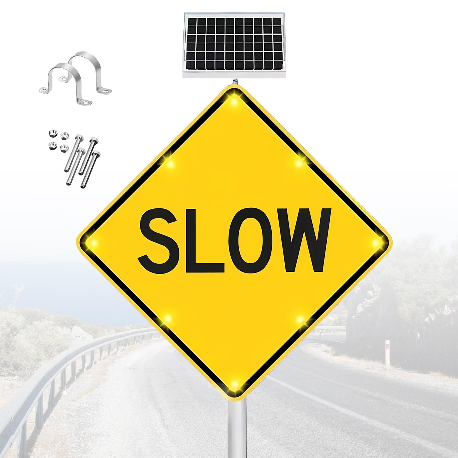 Señal de Seguridad Solar LED Reducir Velocidad 60/80 cm, Alta Eficiencia 10W Panel Lampeggiante, Cartel Reflectante para Cruce Peatonal y Banqueta