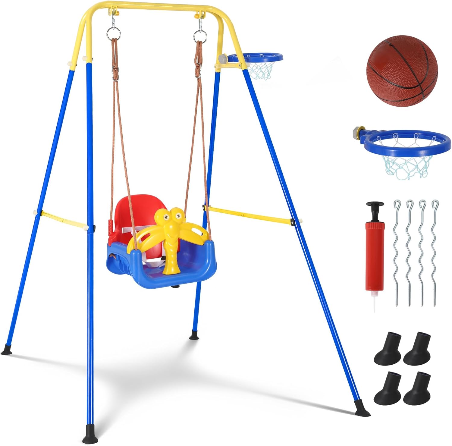 4 in 1 Toddler Swing Set Outdoor with Basketball Hoop, Multi-Functional Kids Swing Sets for Backyard, Indoor Baby Swing for Aged 6-72 Months