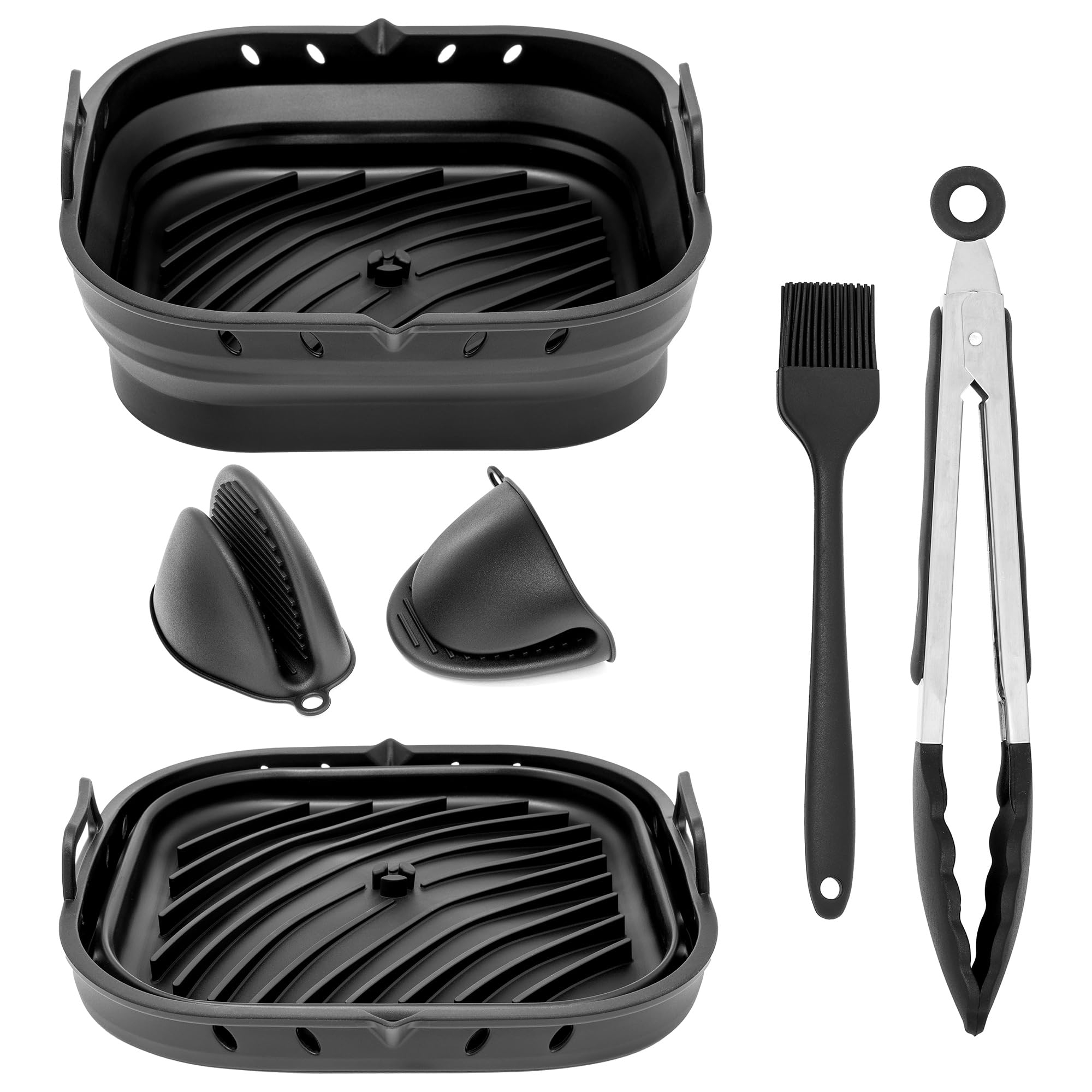 Cyraeon Silicone Air Fryer Accessories Set, Square Basket 22cm with Divider, Mini Oven Gloves, Oil Brush, 9 inch Tongs (22CM)