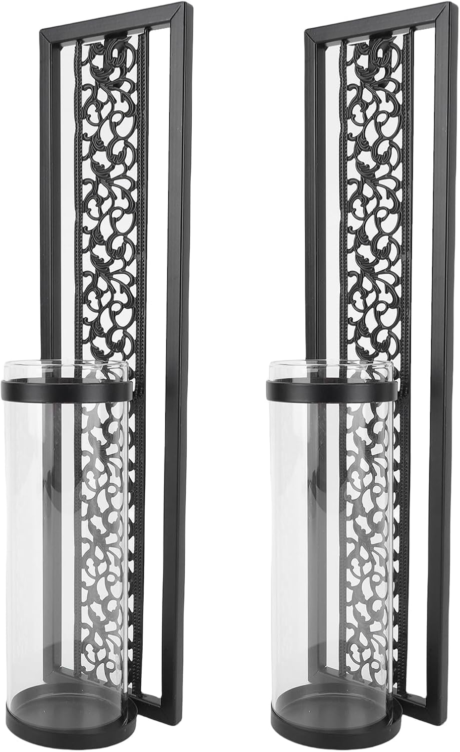 WALFRONT Vintage Wall Candle Holder Set of 2, Iron Wall Mount Candle Sconces with Hollowed Patterns and Glass Cover, Rustic Home Decor for Living Room Bedroom Farmhouse (Black)