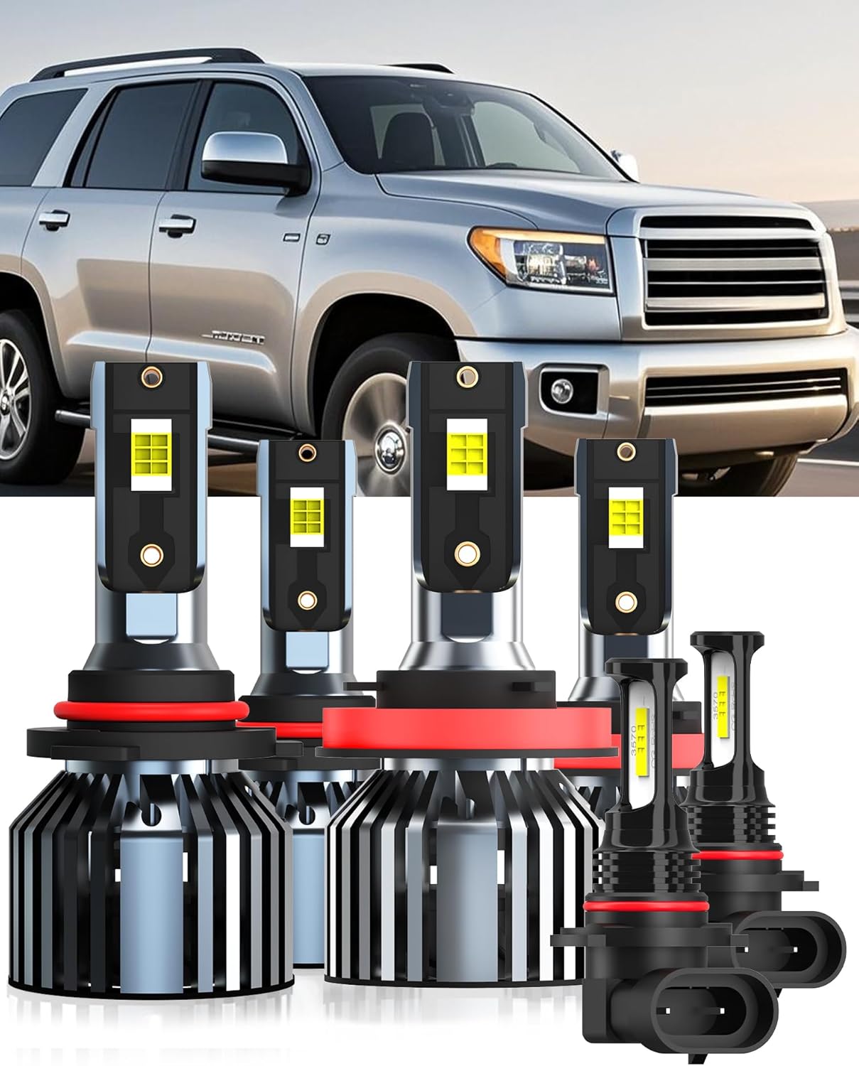 Bulbs Fit for Toyota Sequoia 2008-2017, 9005 High Beams H11 Low Beams 9145 Fog Lights Combo Kit, 400% Brightness 6000K White Light, Direct Replacement, Plug-N-Play, 6 Pack