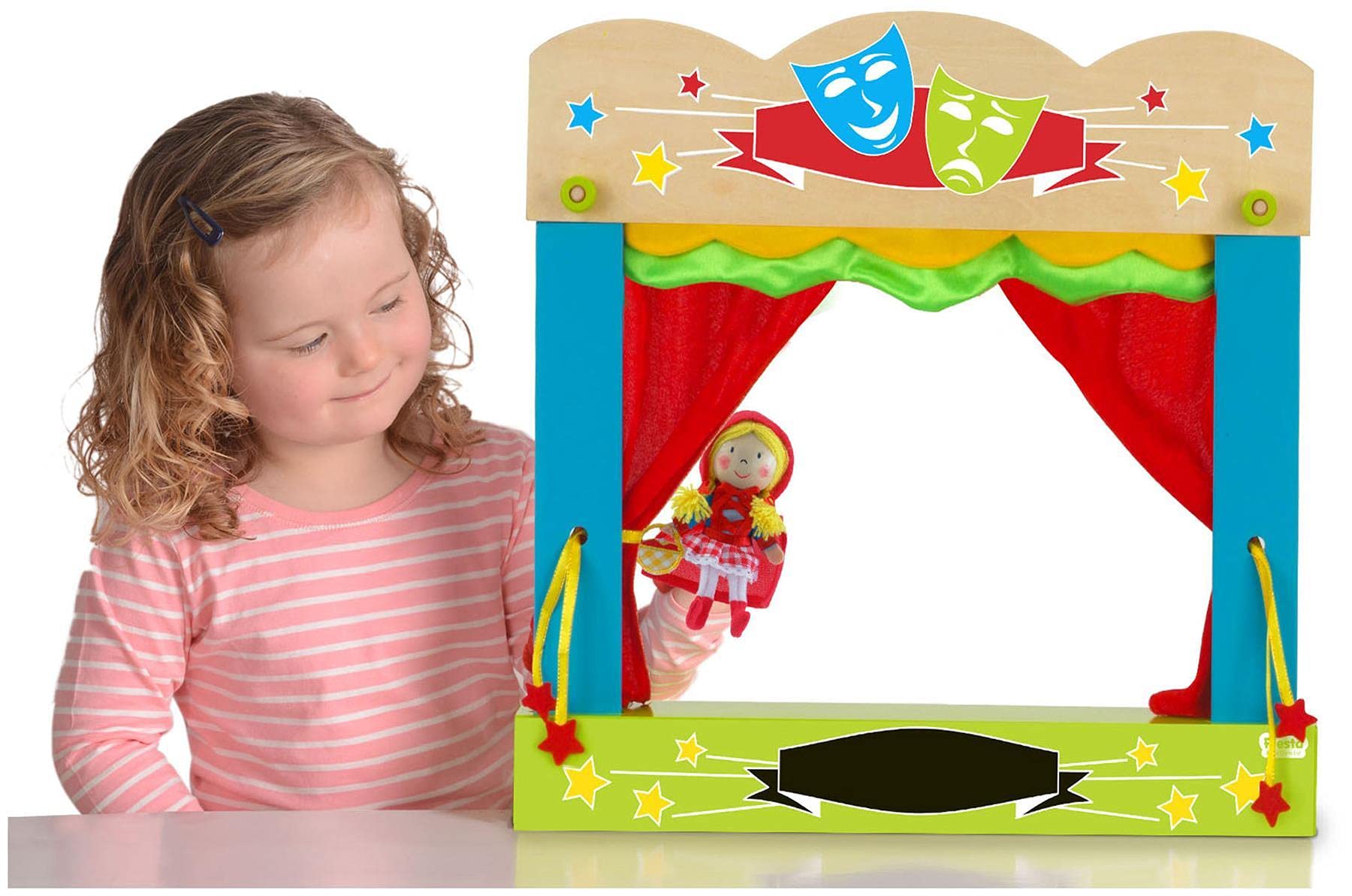 Fiesta Crafts Finger Puppets Theatre - Colourful Wooden Carry Case for Hand Puppets with Fabric Curtains & Drawstrings to Pull - Easy to Fold Portable Kids Pop Up Theatre for Imaginative Play