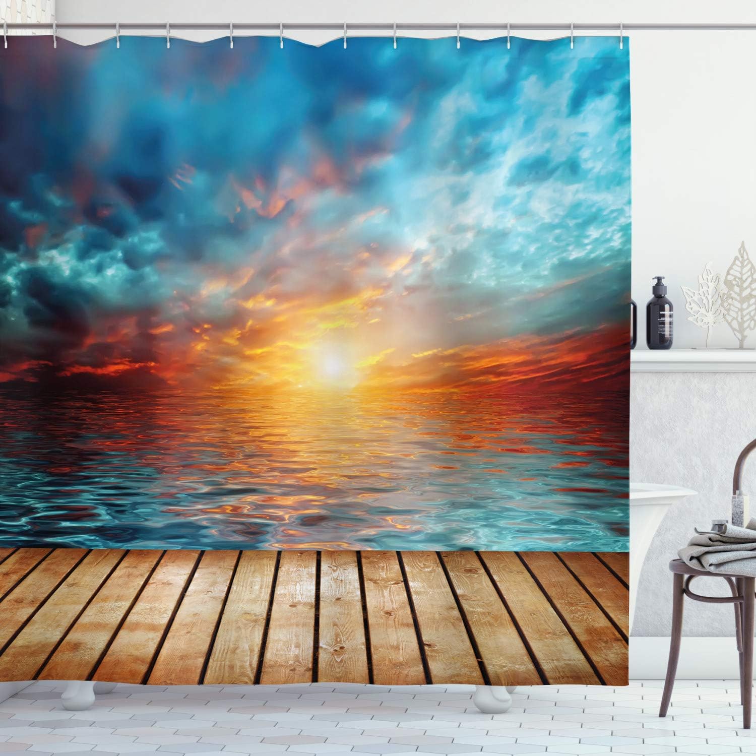 Ambesonne Ocean Shower Curtain, Dramatic Sunset Over The Sea Twilight Scenery Beach Skyline Coast Photo, Cloth Fabric Bathroom Decor Set with Hooks, 69" W x 75" L, Brown Orange