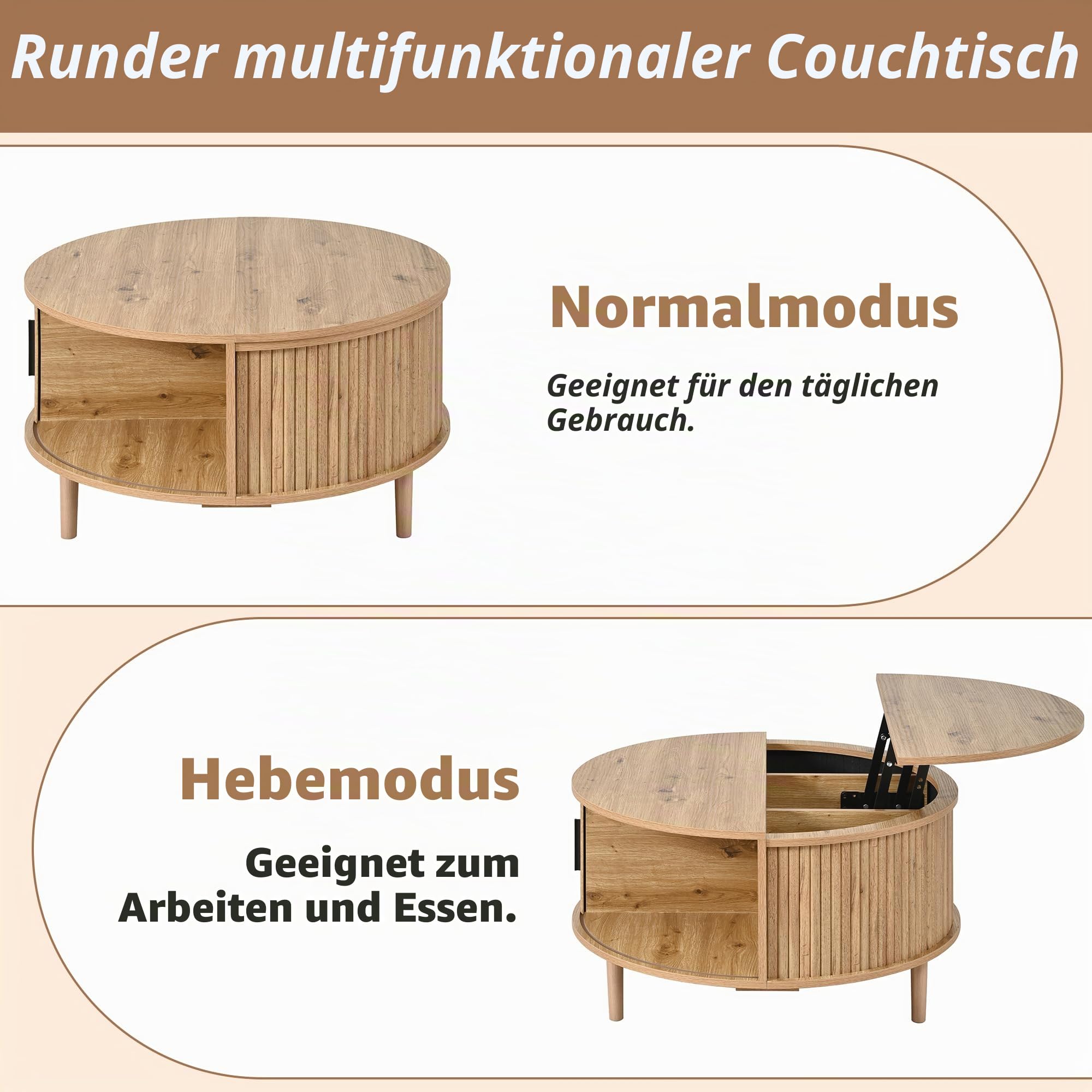 HAINEW Runder Couchtisch Wohnzimmertisch mit Höhenverstellbarer Tischplatte und Schiebetür, Sofatisch Beistelltisch Kaffeetisch mit Abgerundete Ecken, 80×80×59cm, HD26052604 (Eichenfarbe)