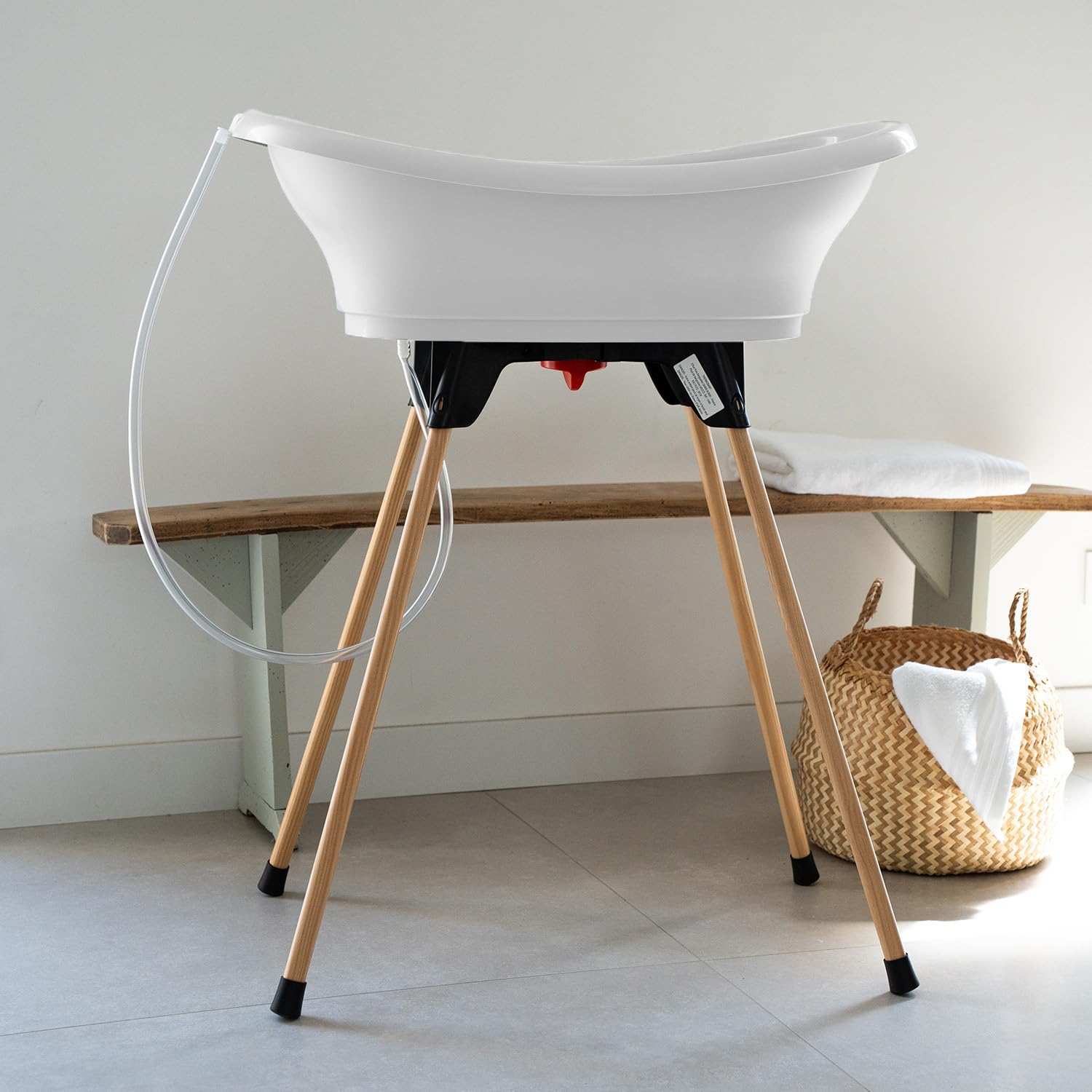 THERMOBABY – Pack de bañera para bebé VASCO 5 en 1 – Bañera, pie de madera, manguera de drenaje, tumbona de baño, termómetro – blanco candidiasis – Plegable y estable – Fabricado en Francia