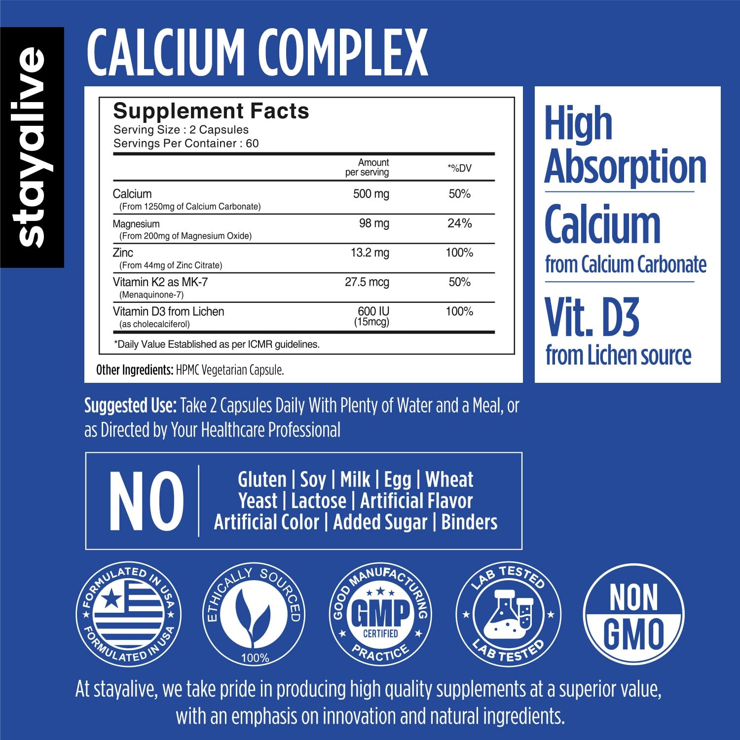 STAY ALIVE Calcium Magnesium Zinc Vitamin D3 K2 | Bone & Joint Health Supplement | Supports Strong Bones & Muscle | 120 Capsules | Non-GMO & Gluten-Free Calcium and Zinc Supplement for Men and Women