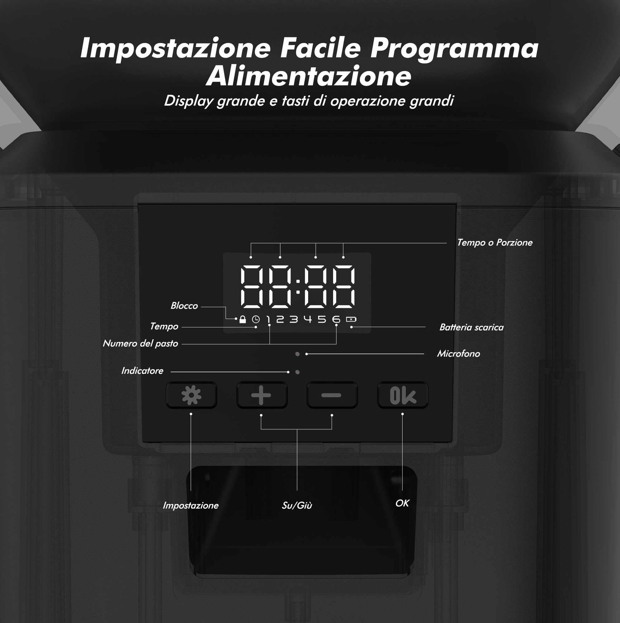 8L Distributore Automatico Cibo Gatti e Cani, Dispenser Crocchette Gatto, Fino a 50 Porzioni e 6 Pasti al Giorno, Ciotola Grande in Acciaio Inox, Alimentazione Duale, Designo Anti-Ostruzione per Cibo