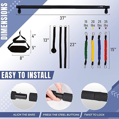 Miniatura 6 de Kit de barra de pilates multifuncional con bandas de resistencia para mujeres, barra de escultura de pilates con 4 juegos de bandas de resistencia,