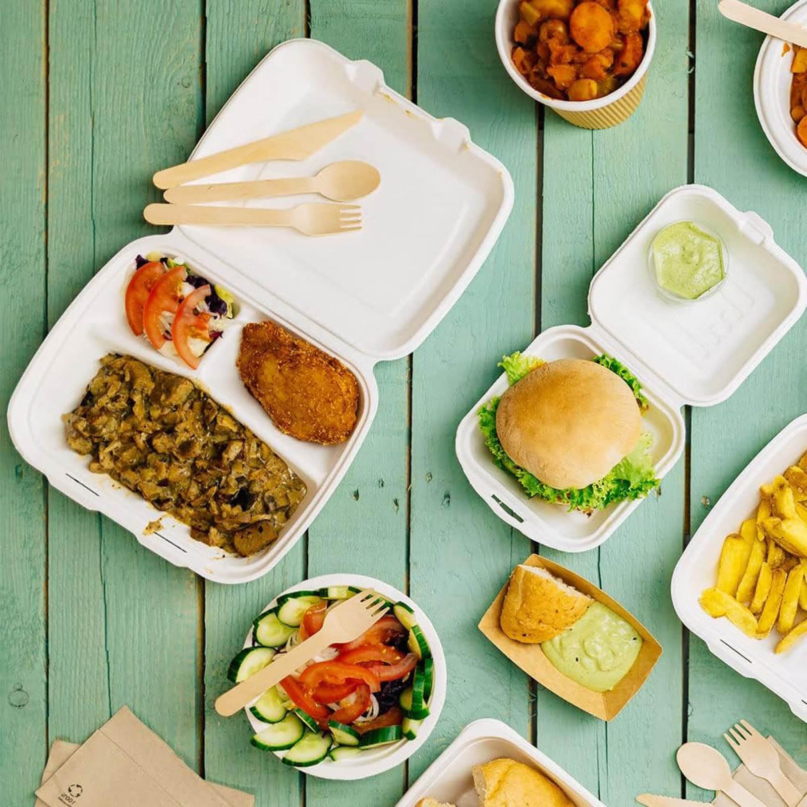 MAXI PRODUCTS - Envase Caña de Azúcar Comida para Llevar - Envase Hamburguesa y Portamenús - Táper con Compartimentos para Comida - APTO PARA MICROONDAS (23 x 23 x 6 cm, 50 unidades)