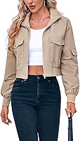 FISOEW Women's Cropped Bomber Jacket: Lightweight Zip-Up Stand Collar Long Sleeve with Pockets