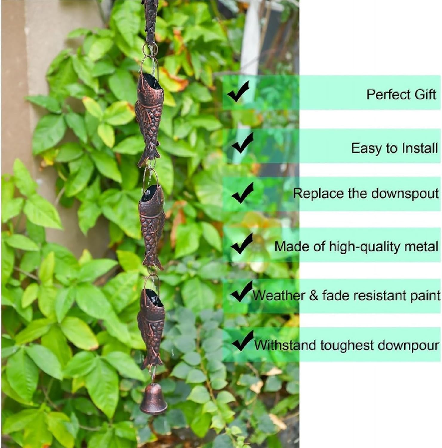 Rain Chains for Gutters, Antique Bronze Rain Chain with Trout for Heavy Rain,8.5 Feet Adjustable Rain Chain,Functional and Decorative Replacement Downspout Chain for Outside