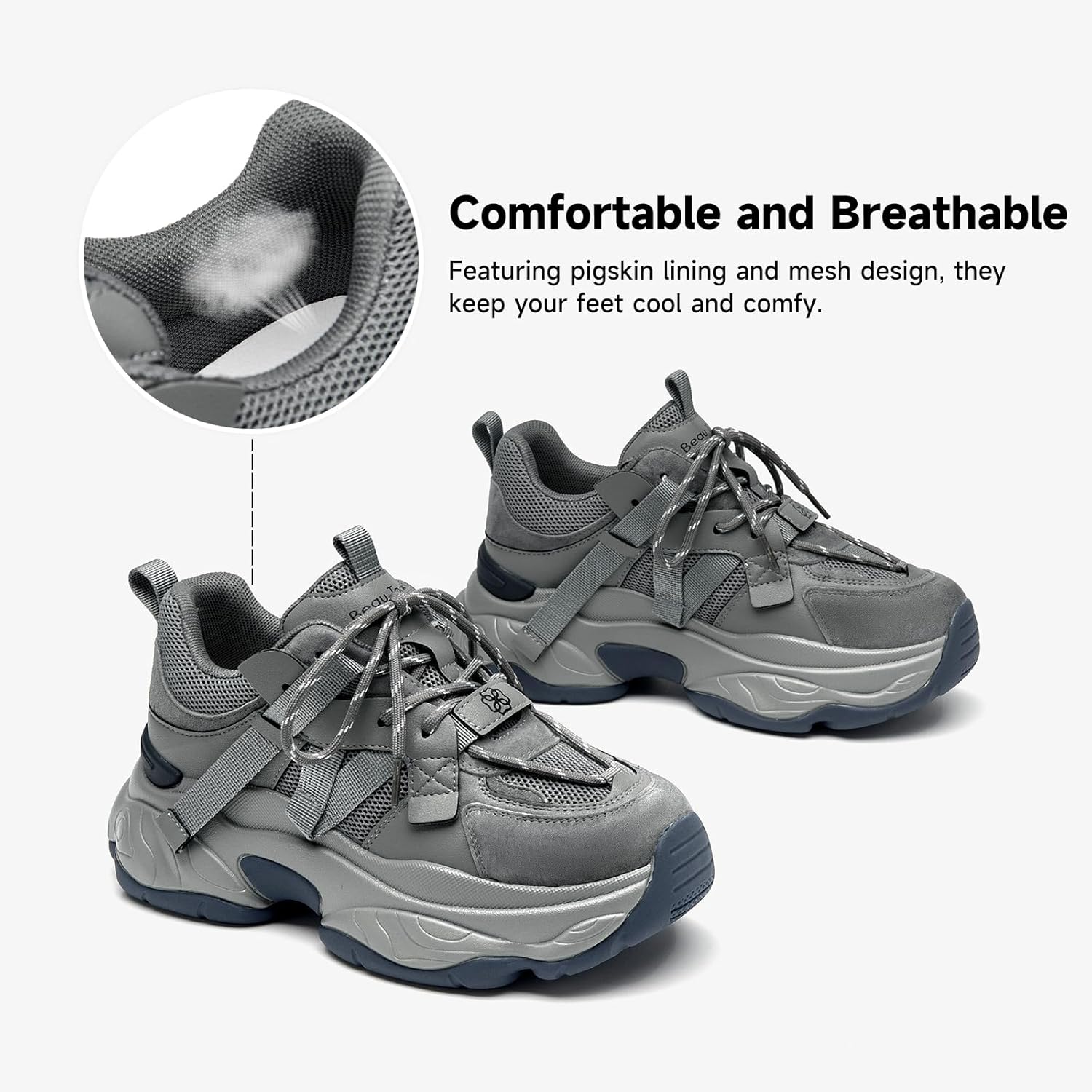 BEAU TODAY Chunky Sneakers for Women Dad Sneakers for Women Platform Lace Up Fashion Comfortable Casual Sneakers for Walking - Image 3