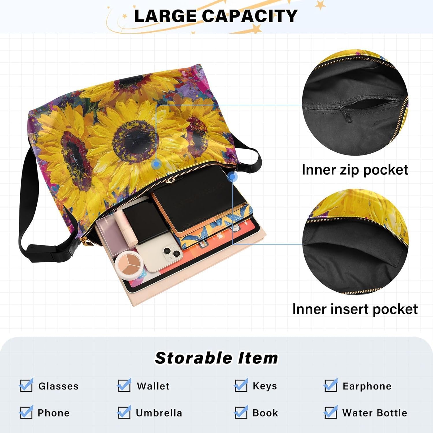 Waterproof Shoulder Handbags Elephant Sunflower Floral Sea Leather Crossbody Handbag Casual Tote with Zipper - Image 6