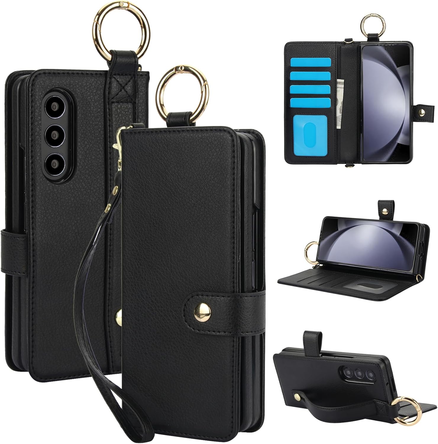 Asuwish Phone Case for Samsung Galaxy Z Fold 3 5G 2021 Wallet Cover with S Pen SPen Slot Credit Card Holder Stand RFID Blocking Wrist Strap Cell Accessories ZFold3 Z3 Fold3 3Z ZFold35G Women Men Black