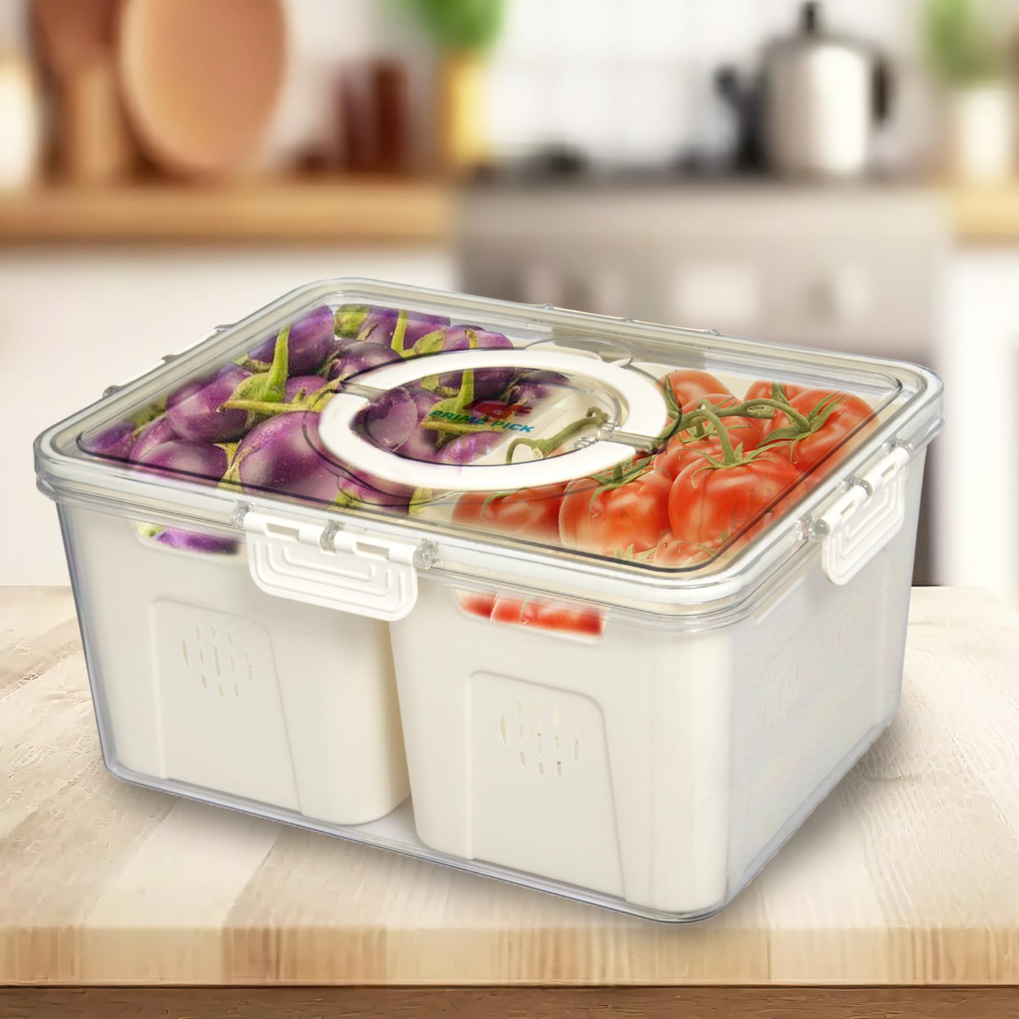 PRIME PICK Divided Food Serving Tray with Lids Fridge Storage Boxes, Container for Kitchen Storage Set, Vegetable Storage, Draining Crisper Food Box 1 PCS (2 DEVIDER STRAINER ORGANIZER HIGH) (B0D2TY71RJ) Amazon Price History, Amazon Price Tracker