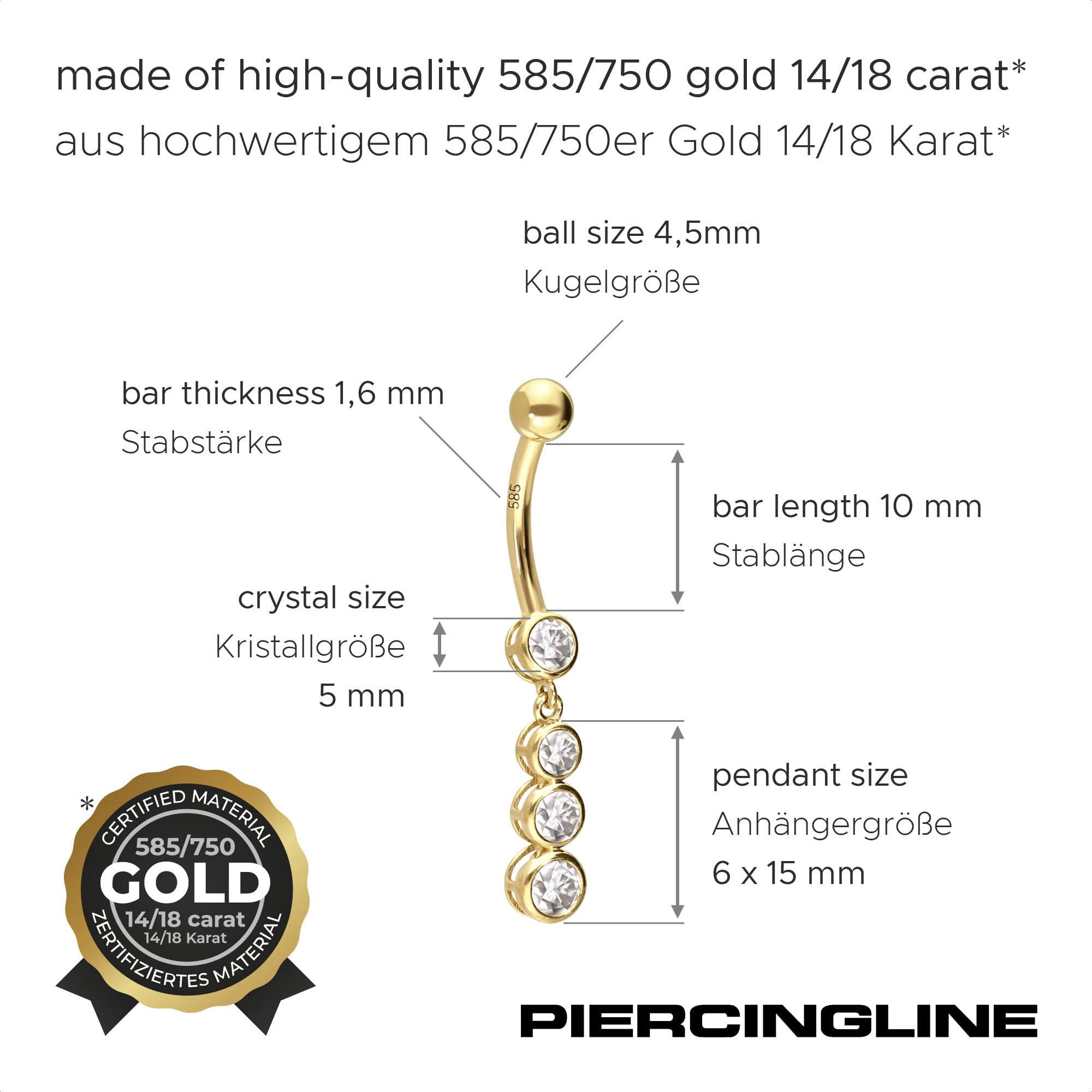 PIERCINGLINE 750er GOLD Bauchnabelpiercing 18 KARAT 4 Kristalle Piercing Bananabell Banane Gelbgold