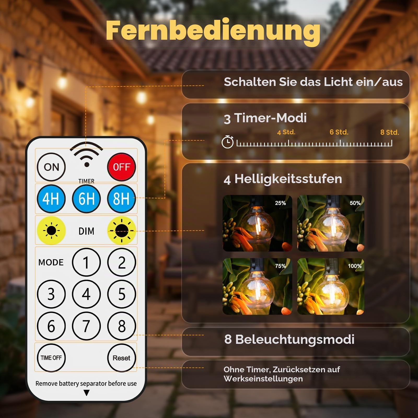 Quntis 34M Solar Lichterkette Außen mit Fernbedienung | 8 Modi/Timer Funktion/4 Dimmbare Helligkeit Outdoor Lichterkette, (50 +3) G40 Glühbirne,Solarlichterkette für Garten,Balkon