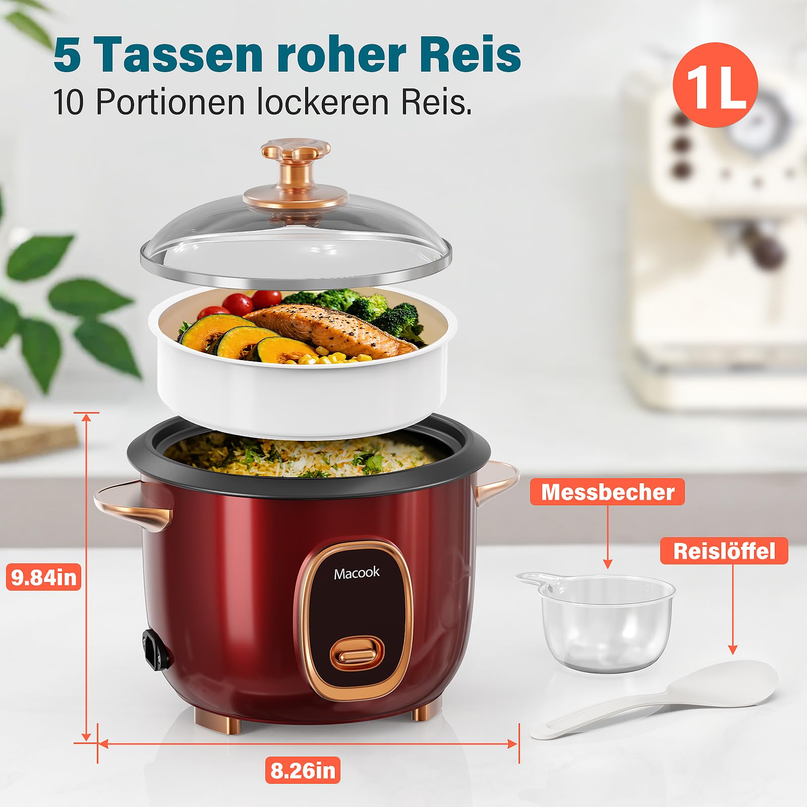 Macook Reiskocher & Dampfgarer mit Antihaft-Innentopf - 1L, Burgunderrot - Für 1-5 Personen - Schnelle Zubereitung ohne Anbrennen - Mit Warmhaltefunktion inkl. Dämpfeinsatz, Löffel & Messbecher