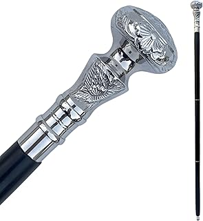 Vintage Wooden Walking Stick with Silver Brass Handle Black Foldable Walking Cane Round Knob Antique Victorian Elegant Rosewood Victorian Fancy Cane for Men and Women an Ideal Gift