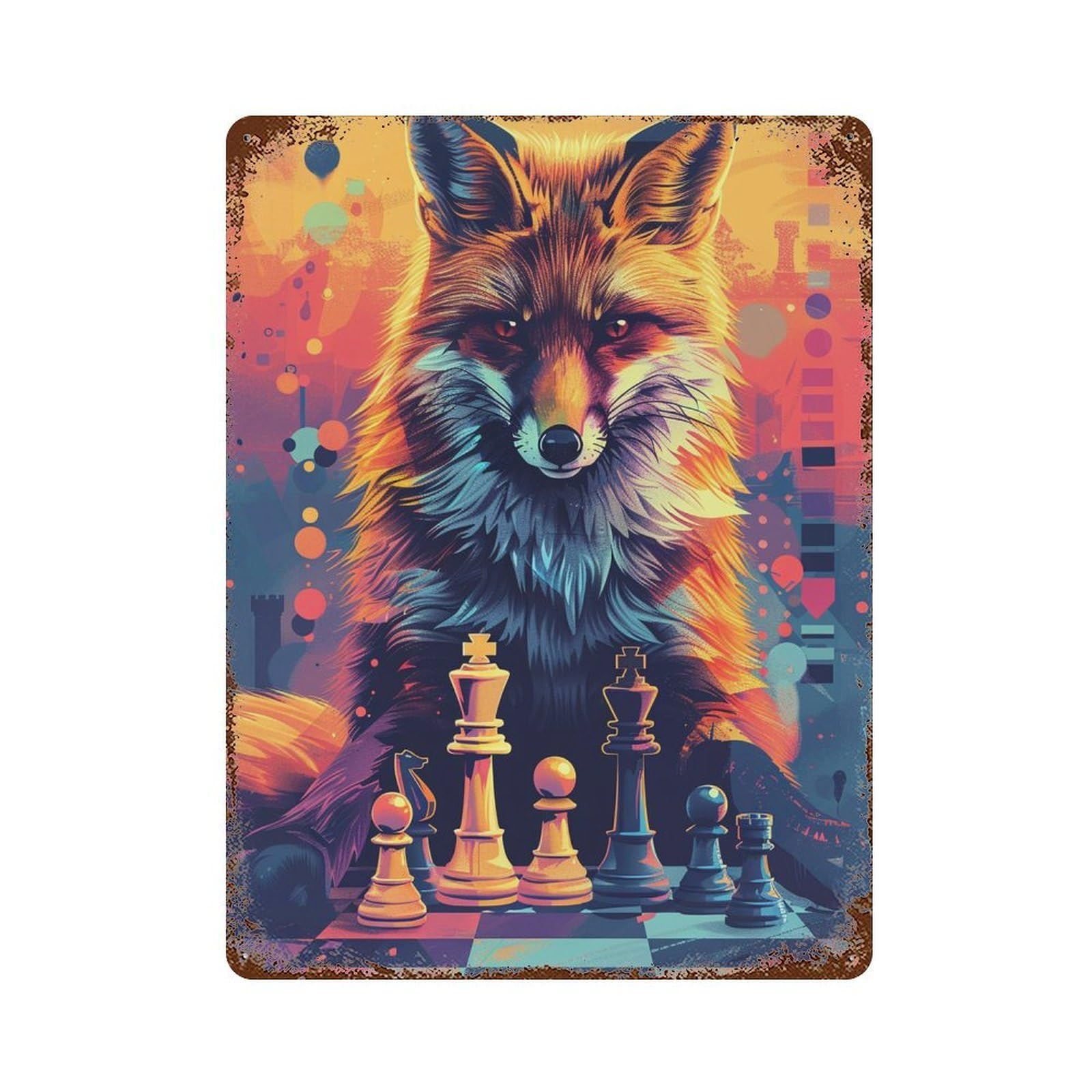 Fox Chess Masterpiece Rust Effect Tin Sign 15.7"x11.8", Industrial Home Decor for Basement, Hobby Room And Garage Decor