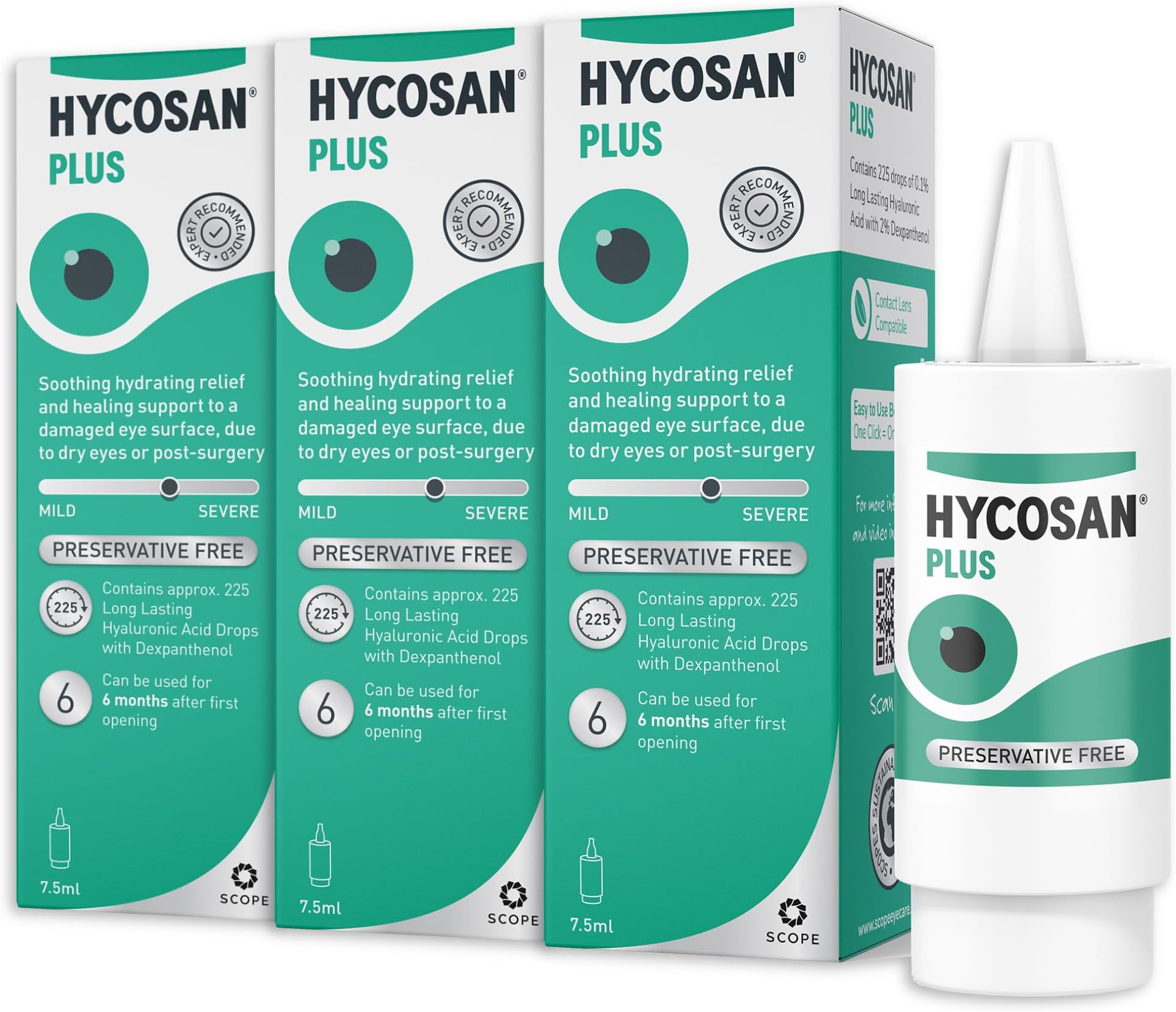 Hycosan Plus - Triple Pack - Preservative Free Eyedrops - Contains Sodium Hyaluronate Dexpanthenol to Aid in the Natural Healing of a Damaged Eye Surface Due to Surgery, Injury or Dry Eyes - 3x7.5ml