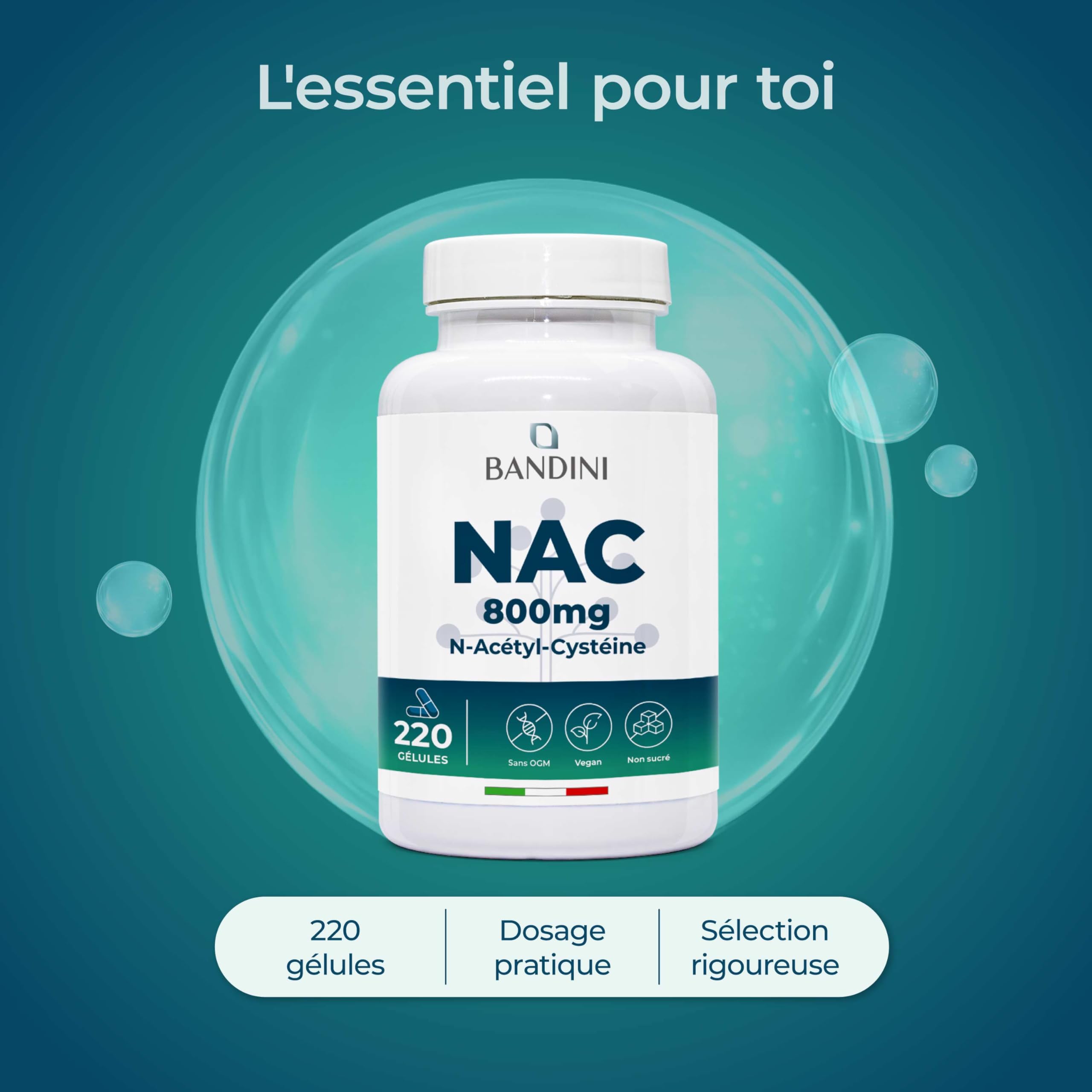 Bandini® NAC 800 mg par capsule | 220 gélules pour +7 mois | N-acétyl-L-cystéine | Haute biodisponibilité et tolérance | Antioxydant Hautement dosé, Qualité supérieure, 100% Végétalien, sans Additifs