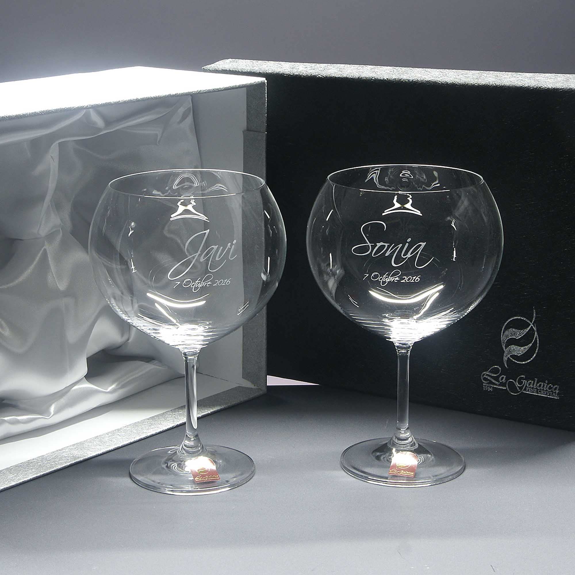 Gala&K | Set de 2 copas de cristal para gin tonic | Para novios | Bodas de plata/oro | Aniversarios | Colección GIN TONIC-GRABADO | Grabación personalizada.