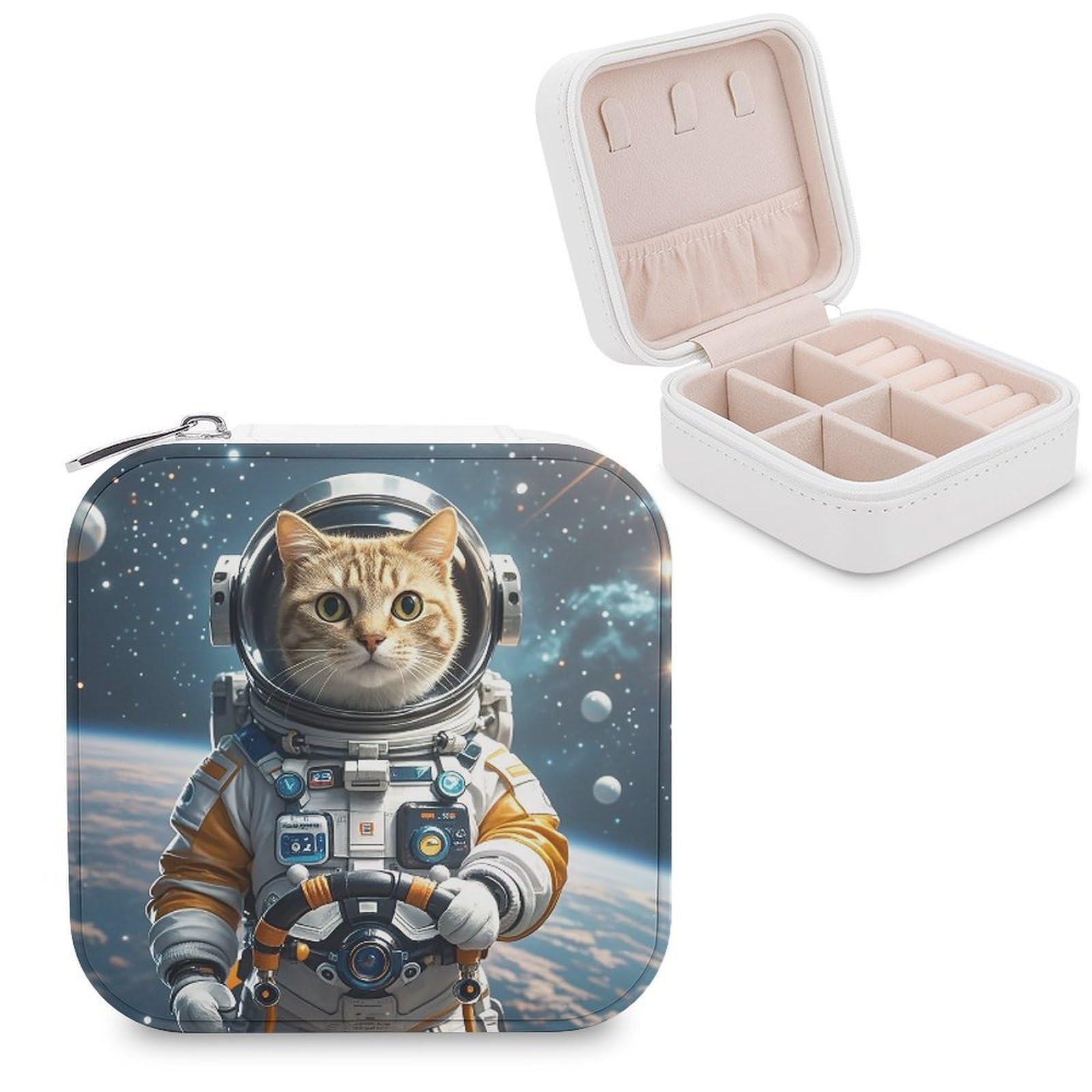 LZQPOEAS Astronaut Cat in Space Jewelry Box Mini Jewelry Travel Case Trendy Stuff Ring Box Custom PU Leather Jewelry Boxes Portable Jewelry Case Earring Storage Organizer for Girls Women