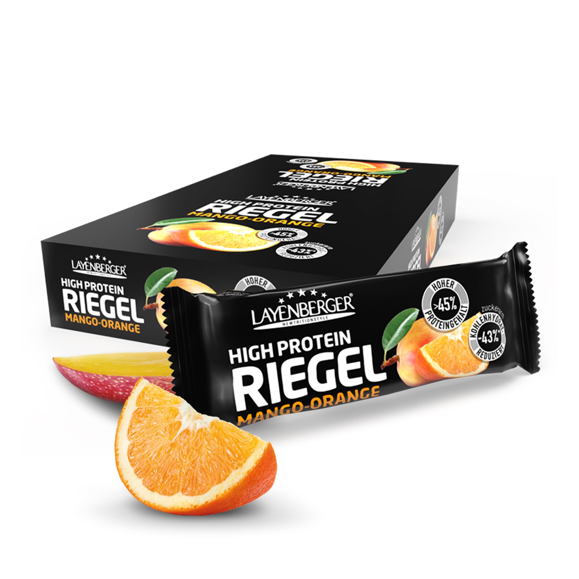 Layenberger High Protein Riegel - Fitness Power Bar, viel Eiweiß, wenig Zucker - 18er Pack (18 x 35 g) - Mango-Orange