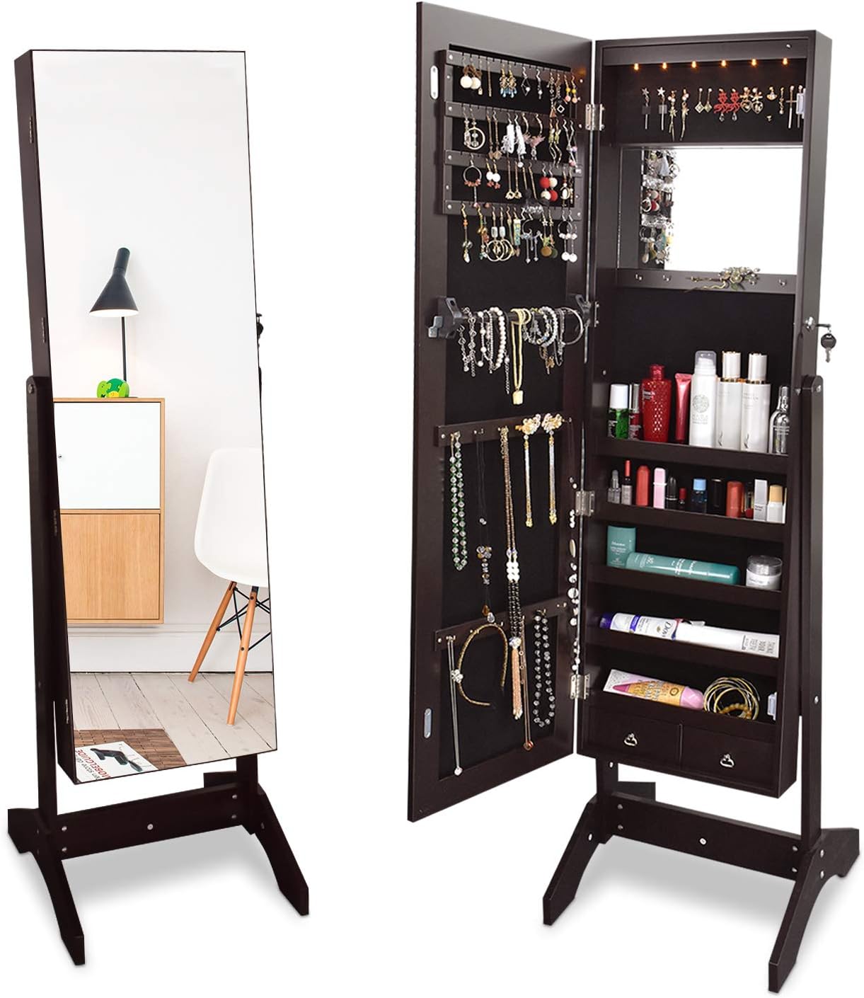 Jewelry Armoire, Frameless Full Length Mirror Standing Jewelry Armoire with Built-in Makeup Mirror with LED Lights, Large Storage Capacity Cabinet Mirror