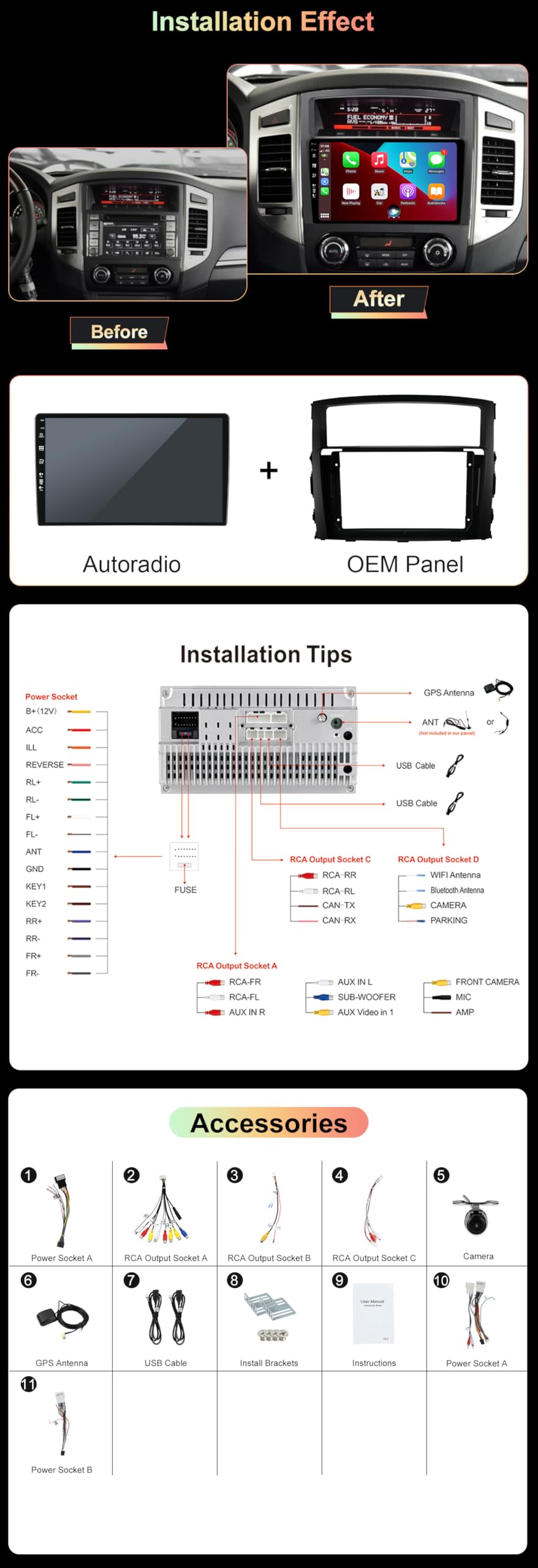 Radio samochodowe z systemem Android 14 do Mitsubishi Pajero 4 V80 V90 2006-2016 z bezprzewodowym systemem Android Auto, ekran dotykowy IPS Bluetooth 5.0, GPS WiFi FM SWC CAM