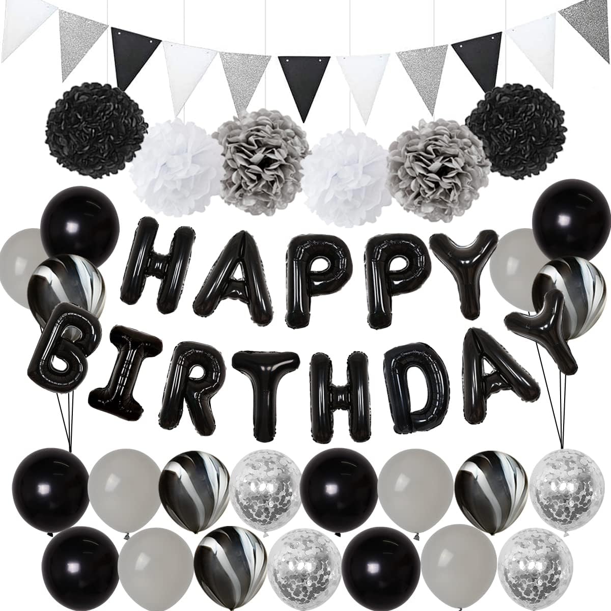 Kreatwow Black and Silver Birthday Decorations Men Women Black White Marble Confetti Balloons Kit Happy Birthday Banner Garland Tissue Paper Pom Poms for 16th 18th 21st 30th 40th Birthday Party