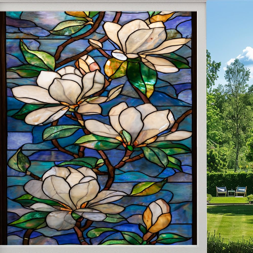 Pmlbaous Rural Flowers Privacy Window Film, Natural Magnolia Plant Frosted Self-Adhesive Vinyl Cling For Glass Doors Bathroom Windows Sun Blocking Heat Control, （55X100cm）