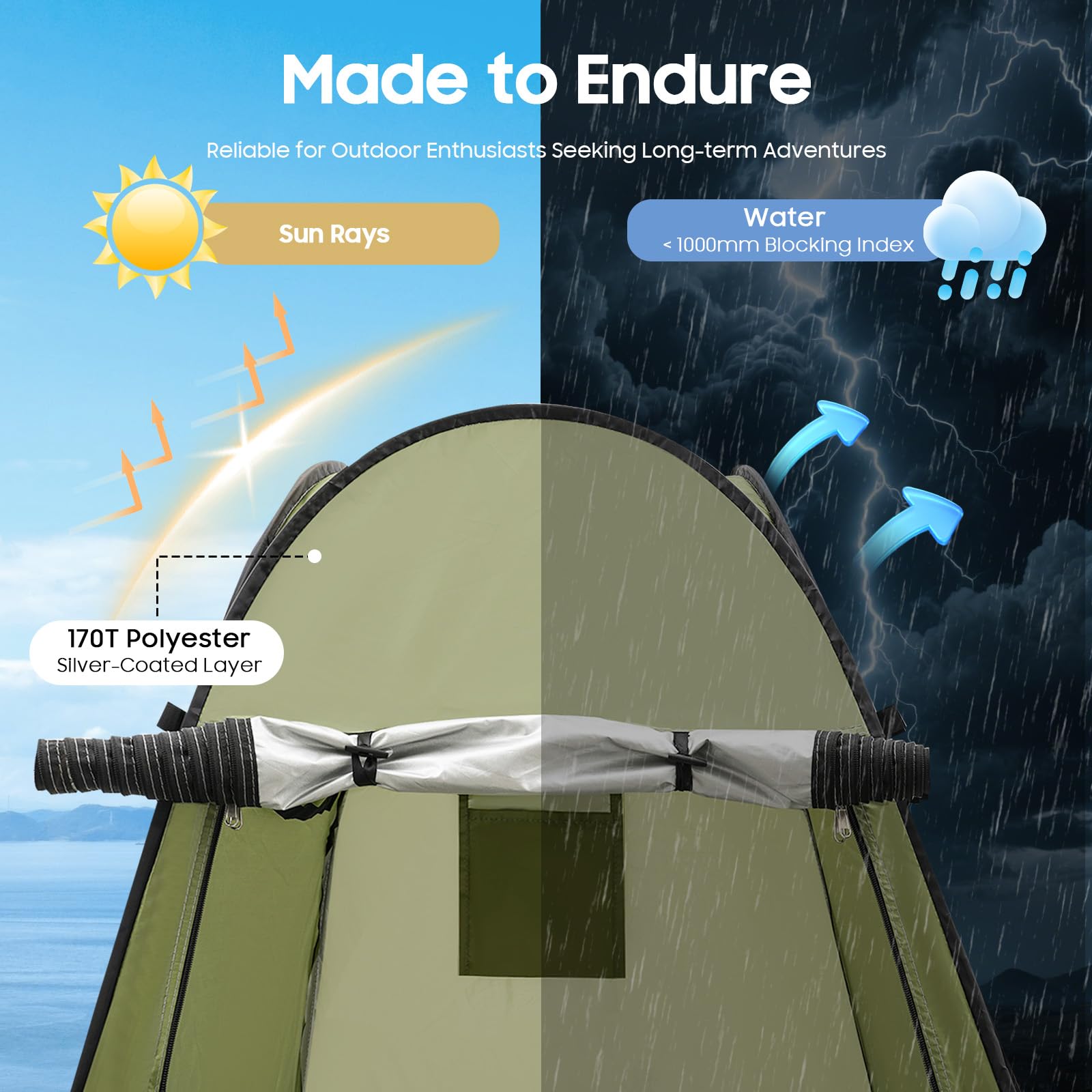 Tente de douche de camping pour 1 homme, tente de toilette, cabine de douche mobile avec auvent, tente d'appoint, tente WC, verte