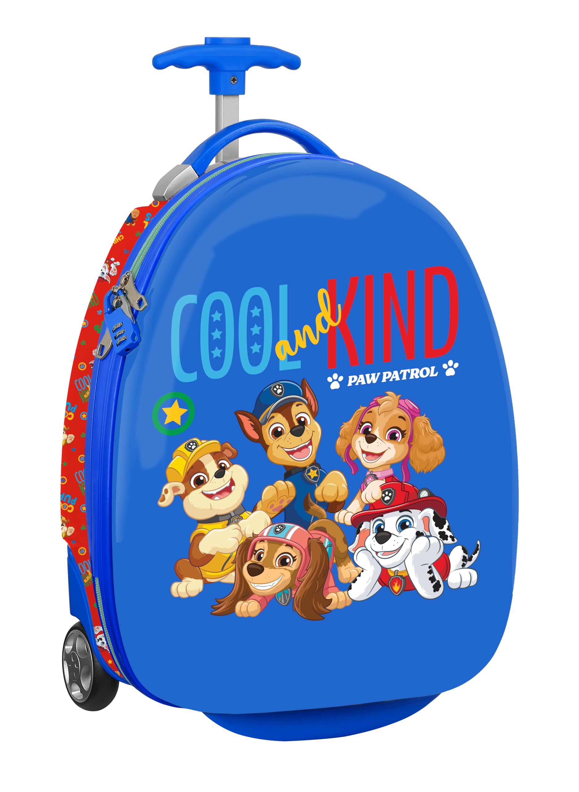 PAW PATROL COOL - Trolley da cabina da 16 pollici, valigia con ruote, lucchetto di sicurezza, valigia leggera, 28 x 23 x 43 cm, Rosso/blu, M, Casual