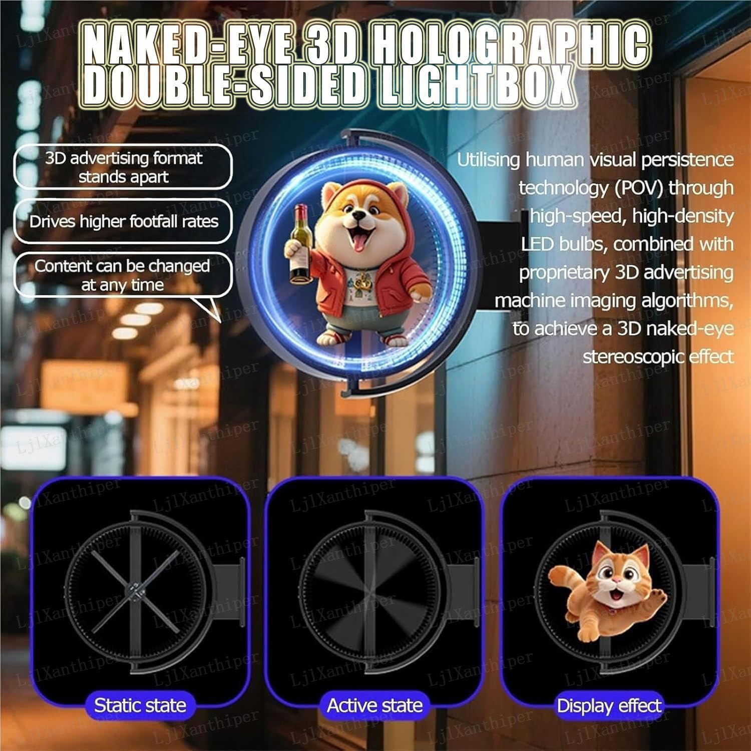 Valla Publicitaria Impermeable,Doppelseitiger 3D Hologramm Leuchtkasten für Werbezwecke,3D Letrero De Caja De Luz Proyectante Redonda LED,para Tiendas,Negocios,Cafés,Salones 70cm