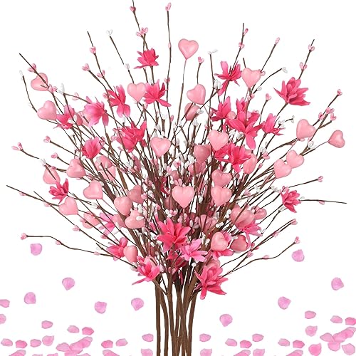 AILANDA 8 piezas de flores artificiales para regalo del día de San Valentín, tallos de bayas en forma de corazón rosa falso de 21 pulgadas y 1000