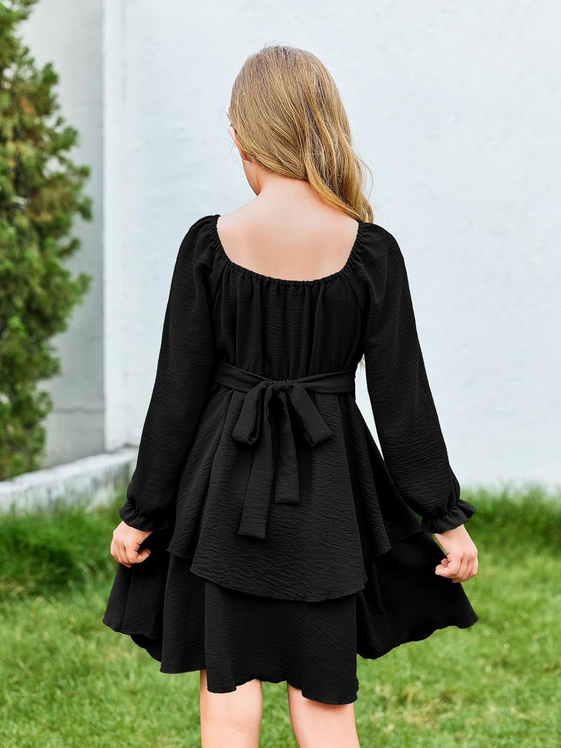 Haloumoning Girls Fall Dress Long Sleeve Off Shoulder Puff Sleeve Ruffle Tiered Layer Party Dresses 7-14 Years - Image 3