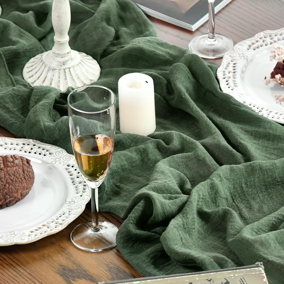 Runner Da Tavola In Garza Verde Scuro 90x180 Cm – Pieghettato Boho Per Matrimoni, Feste E Centrotavola Eleganti - 3