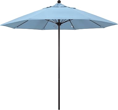 California Umbrella 9 Rd. Venture Series Contract Grade Patio Umbrella, Push Open Pin Stop, Bronze Finish, Sunbrella Air Blue