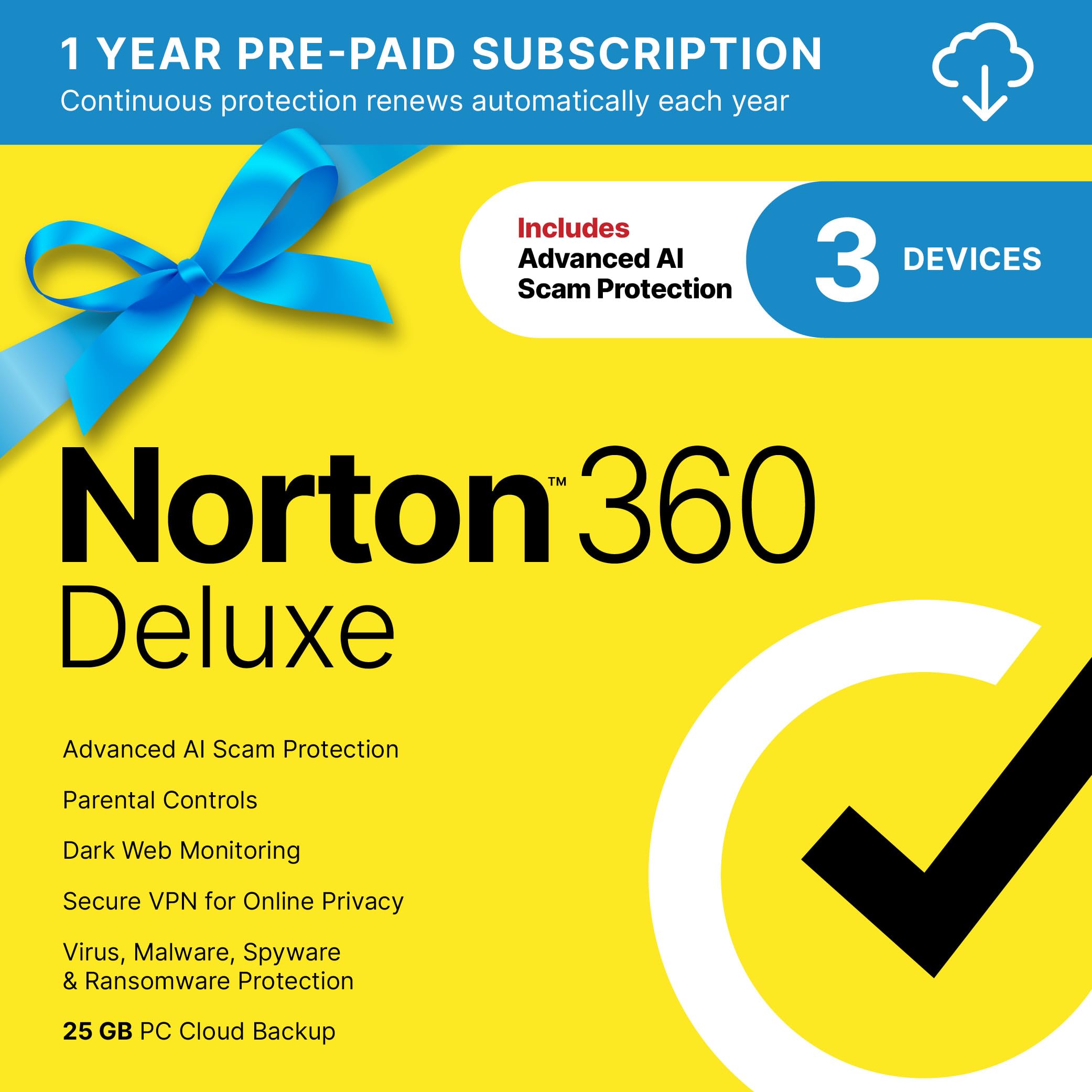 Norton 360 Deluxe  Antivirus software for 3 Devices with Auto-Renewal – Includes Advanced AI Scam Protection  VPN  Dark Web Monitoring & PC Cloud Backup [Download]