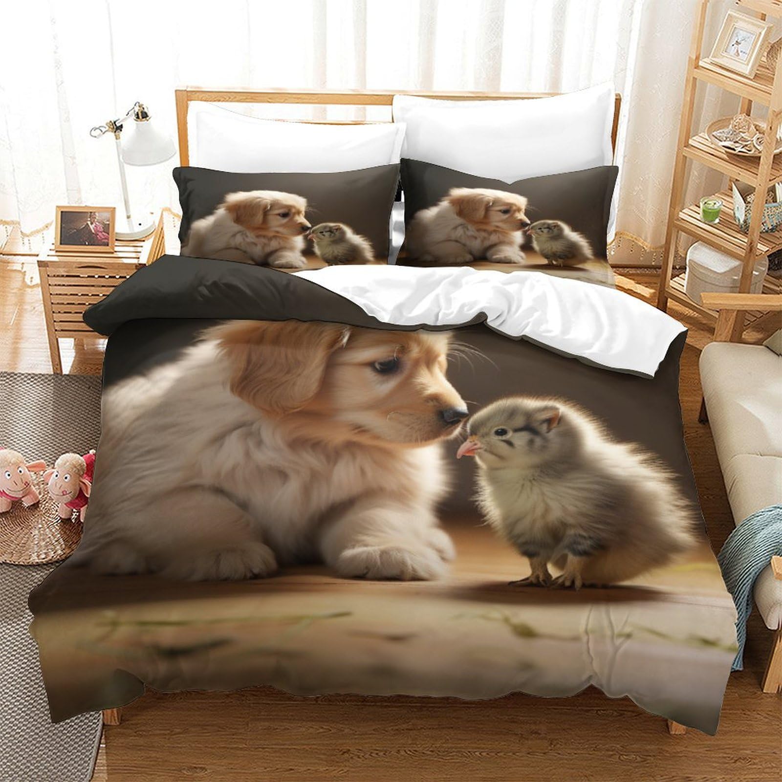P1S9U7W5Y Cozy Pet Theme 3D Printed Duvet Cover Set 3 Pieces Microfiber Bedroom Decor Puppy Chick Bedding Set Soft Breathable for Adults King（220x240cm）